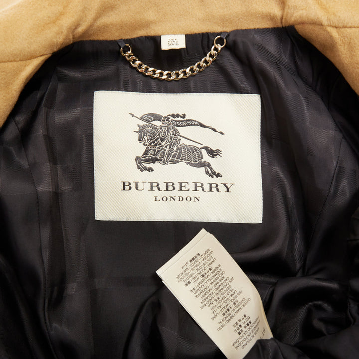 BURBERRY camel wool cashmere black logo buttons classic trench coat UK4 XXS