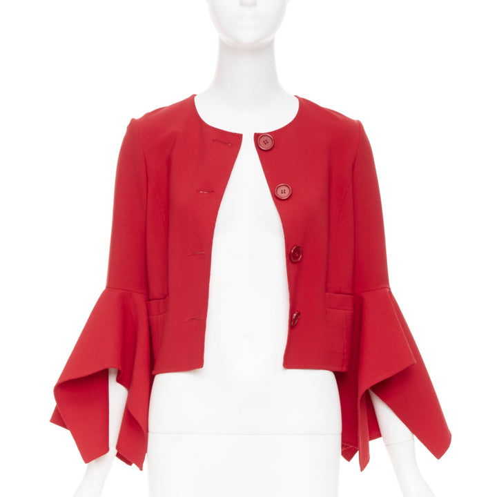 OSCAR DE LA RENTA 2018 flared ruffle sleeve cropped red wool jacket US0 XS