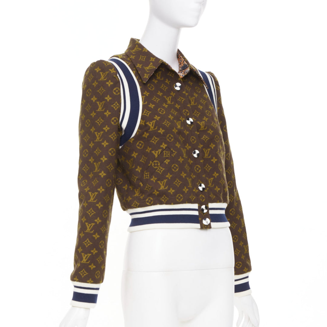 LOUIS VUITTON 2021 Reversible Monogram Cropped Varsity Knit outerwear FR36 S