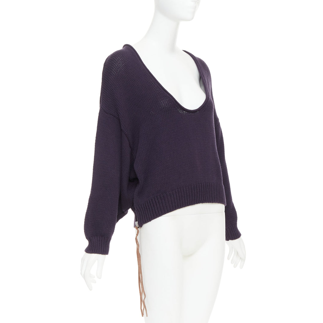ACNE STUDIOS 2011 Sharp navy cotton wide scoop neck leather zip sweater XS