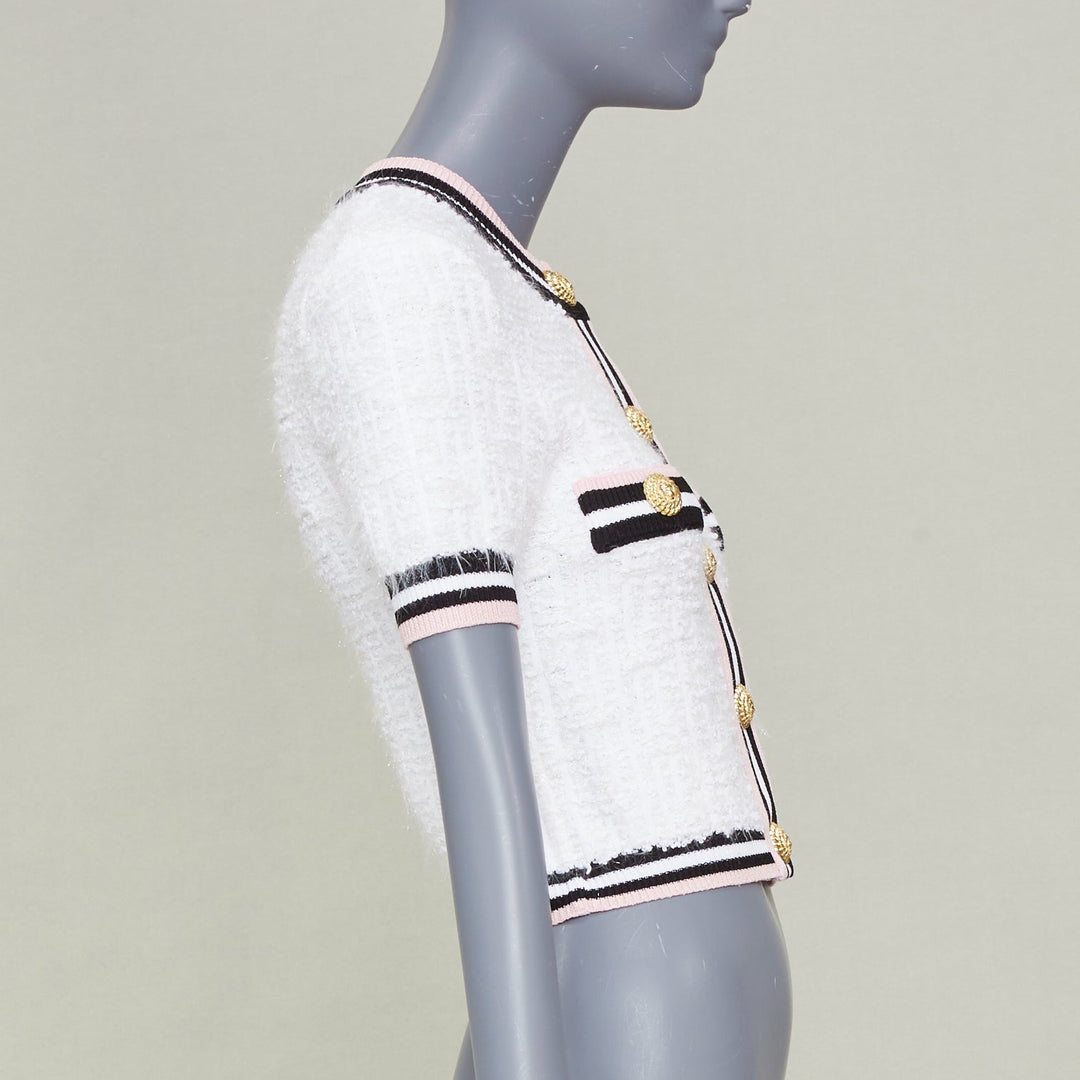 BALMAIN 2024 maze knit striped border short sleeve lion button cardigan FR34 XS