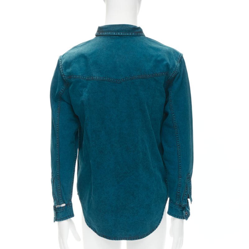 BALENCIAGA 2018 turquoise acid dye washed heavy cotton ripped cuff shirt EU38 S