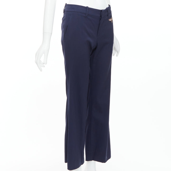 GUCCI Alessandro Michele 2017 navy bee embroidered flared pants IT38 XS