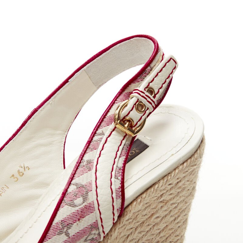 LOUIS VUITTON pink beige striped monogram jute espadrille wedge platform EU36.5