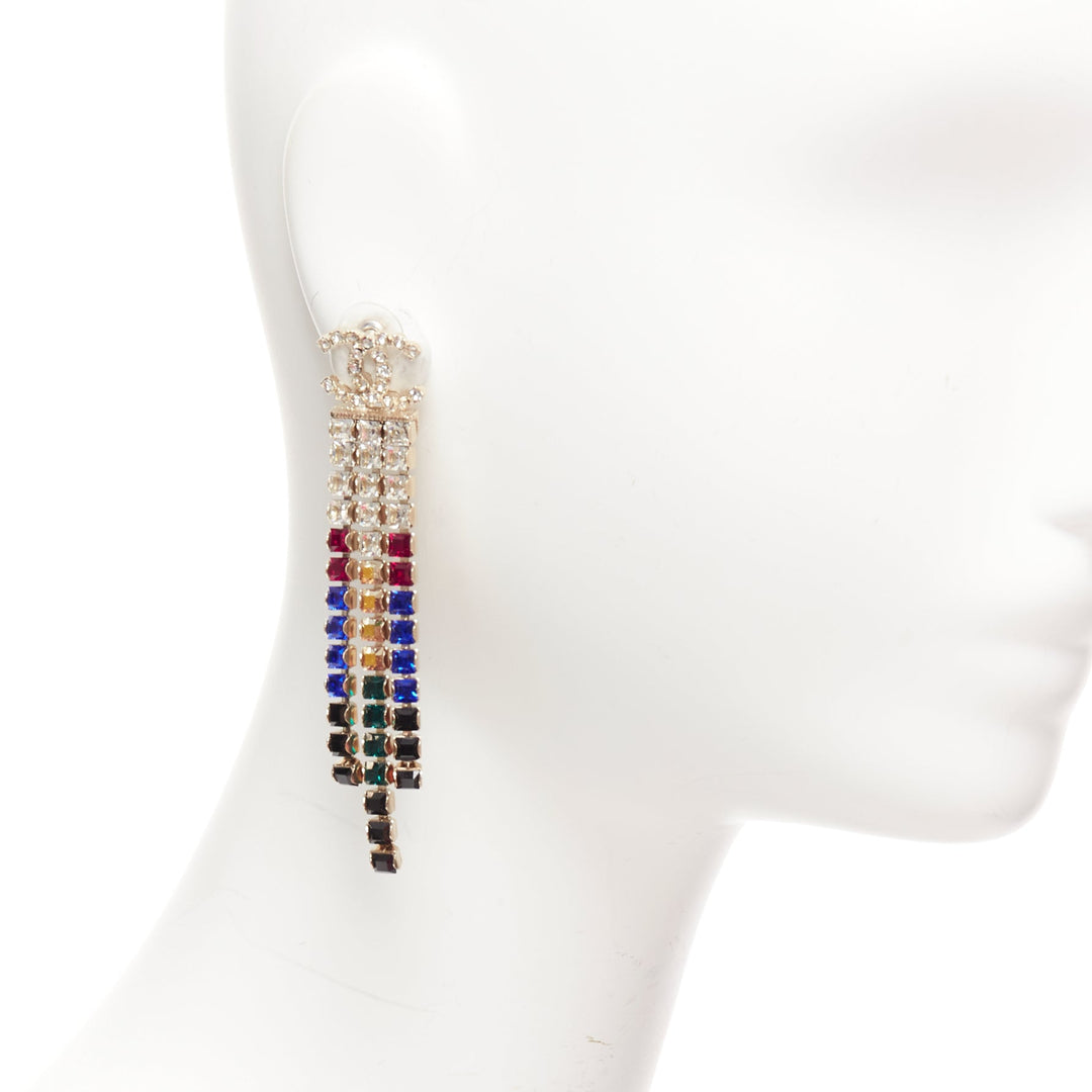 CHANEL A19A rainbow silver crystal waterfall CC logo pin earrings Pair
