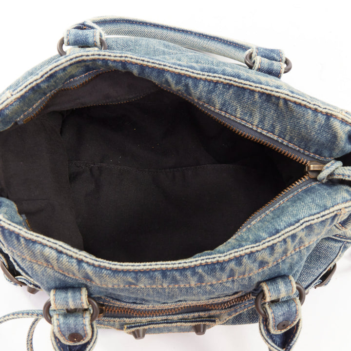 BALENCIAGA Le City Small blue washed denim gunmetal studded top handle bag