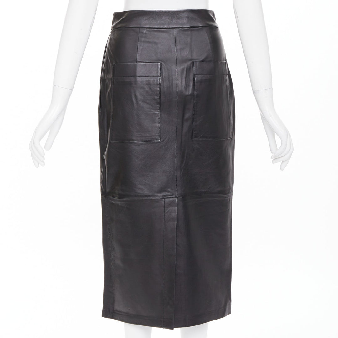 TIBI black lambskin leather pleated front panelled back slit midi skirt US00 XXS