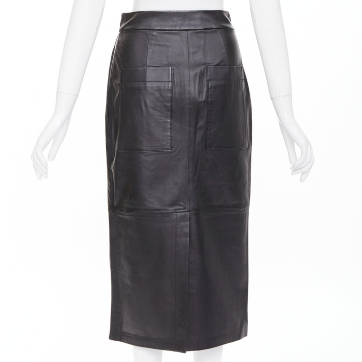 TIBI black lambskin leather pleated front panelled back slit midi skirt US00 XXS