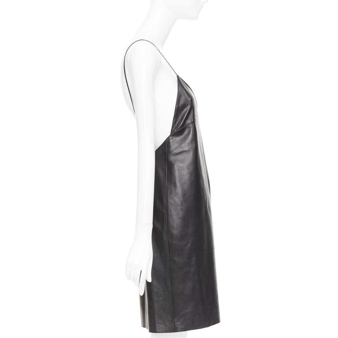 SAINT LAURENT 2024 black lambskin plunge low cut open back slip dress FR38 M