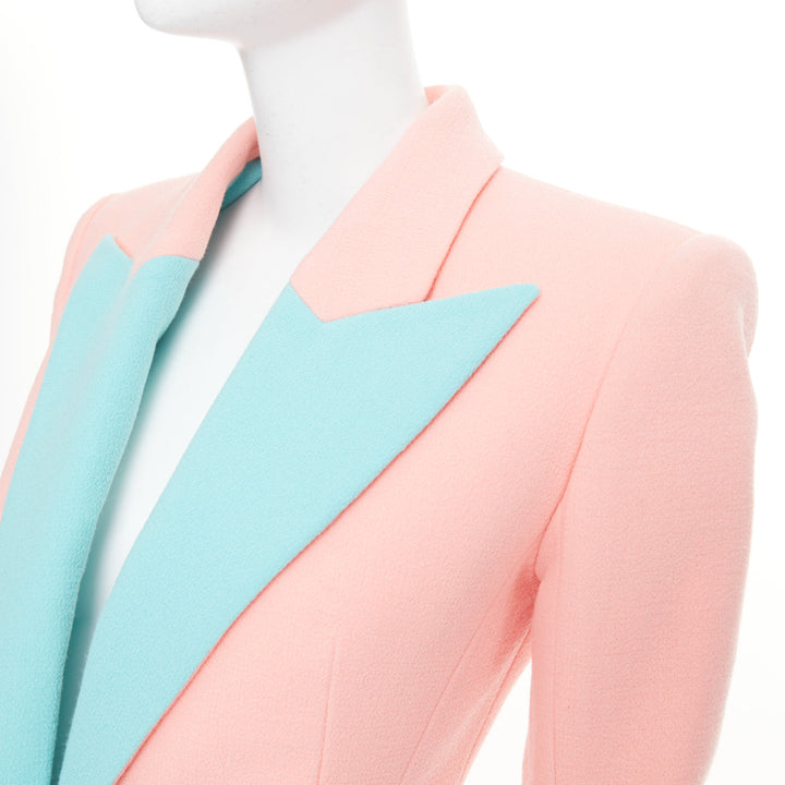 BALMAIN 2024 Runway pink blue wool crepe hourglass fitted Power blazer FR34 XS
