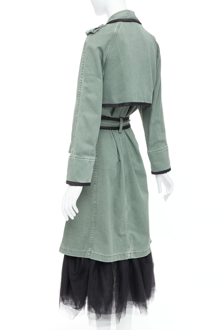 LE SUPERBE green washed cotton black tulle hem tie belt coat US0 XS