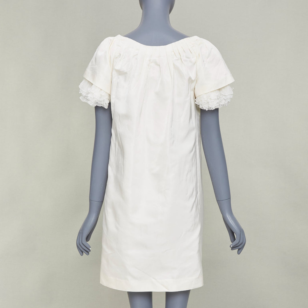 GIAMBATTISTA VALLI Bridal ruffle trim layered sleeve ivory shift dress IT40 XXS