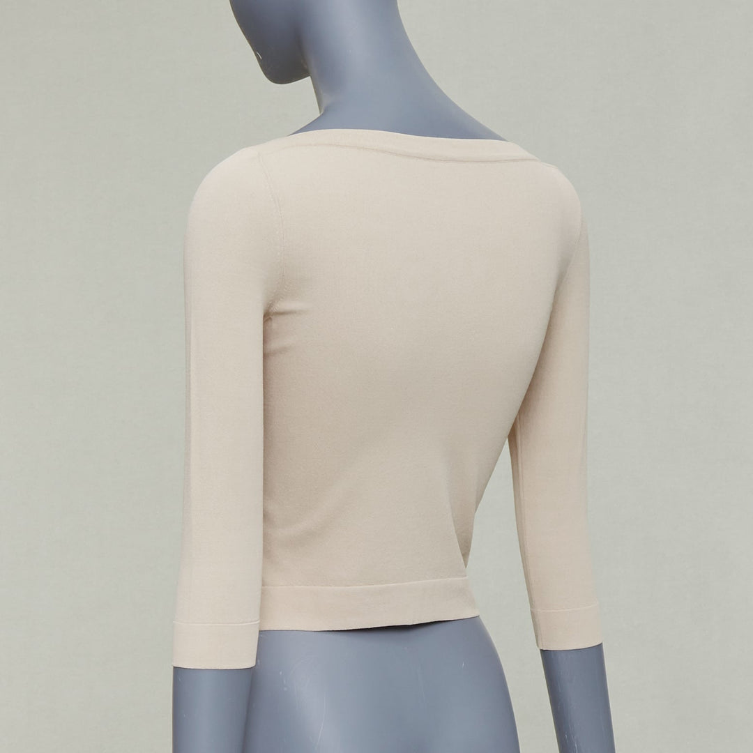 ALAIA light nude viscose blend cropped sleeved bateau neck sweater FR36 S