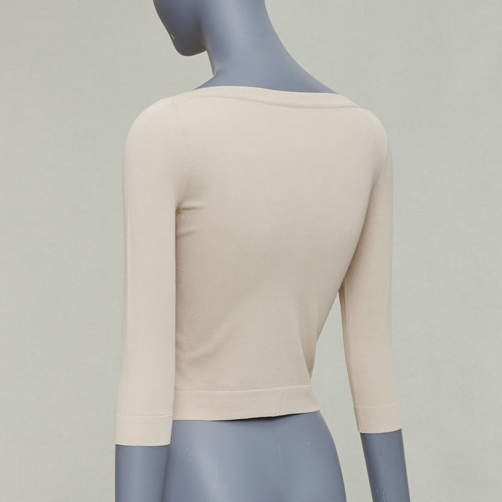 ALAIA light nude viscose blend cropped sleeved bateau neck sweater FR36 S