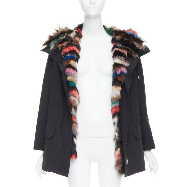 Black cotton detachable multicolour fox fur lined parka coat IT36 XXS