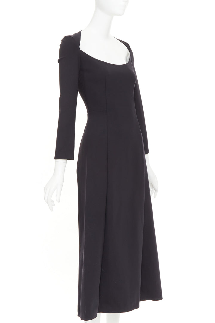 THE ROW Cadiz black wide scoop cut out neck long sleeve fit flare midi dress XS