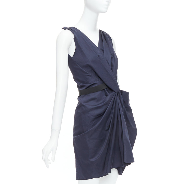 LANVIN 2010 navy ramie cotton drape black belted mini dress FR36 S