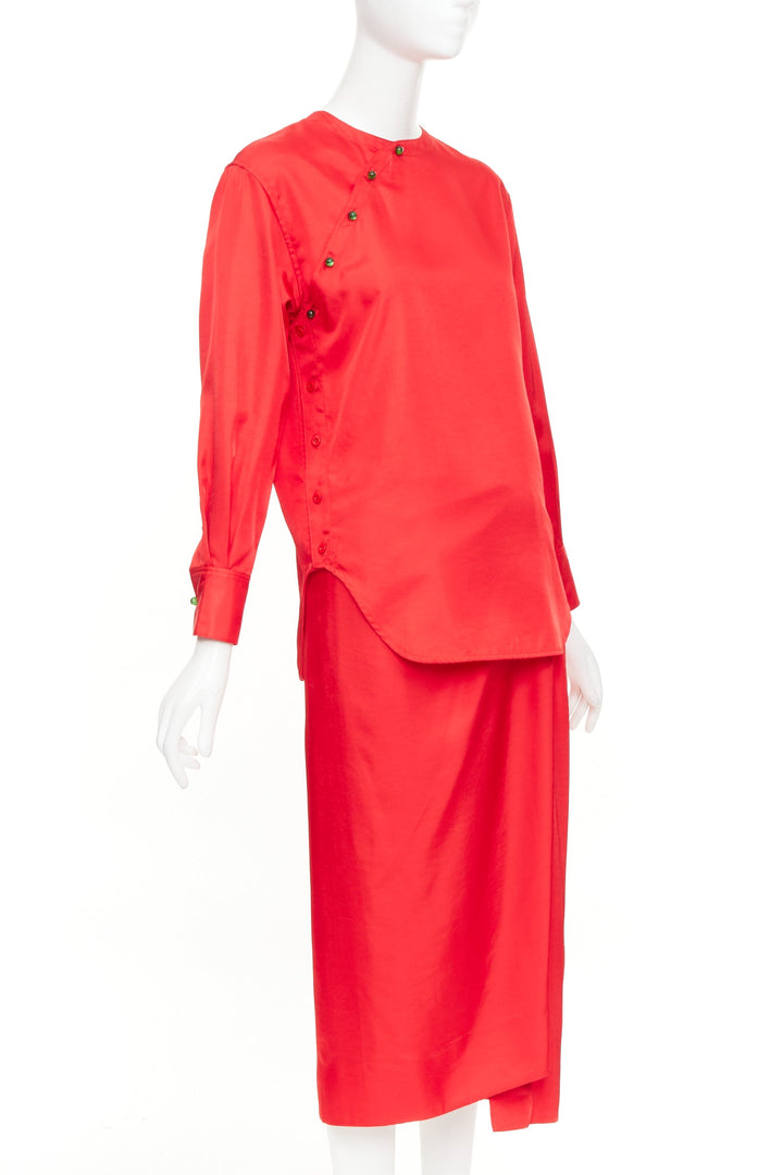 SAMUEL GUI YANG LABELHOOD red satin green button chinois sleeve top skirt set