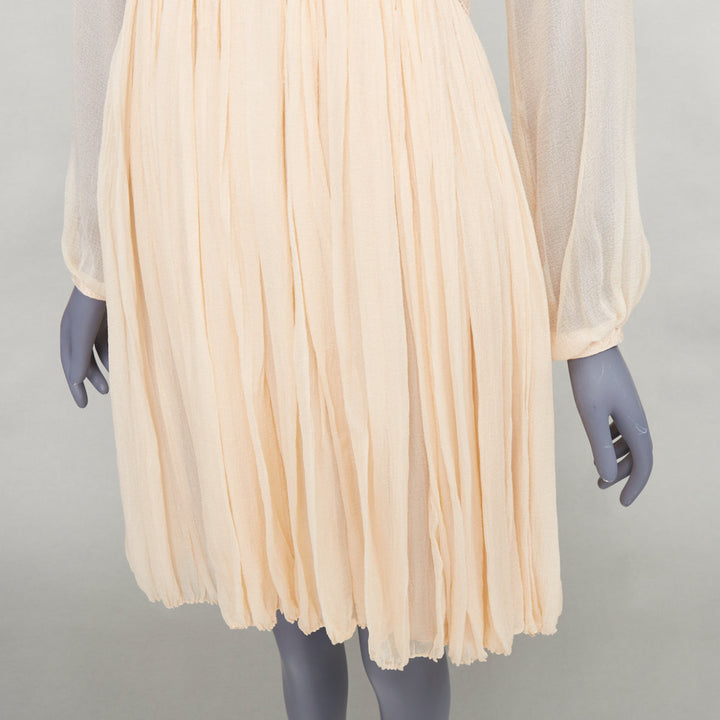 CHLOE 100% pinky beige silk chiffon plunge pleated knee boho dress FR34 XS