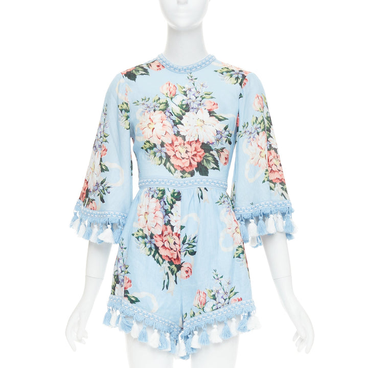 ALICE MCCALL Magic Moment blue linen floral fringed trim playsuit UK6 XS