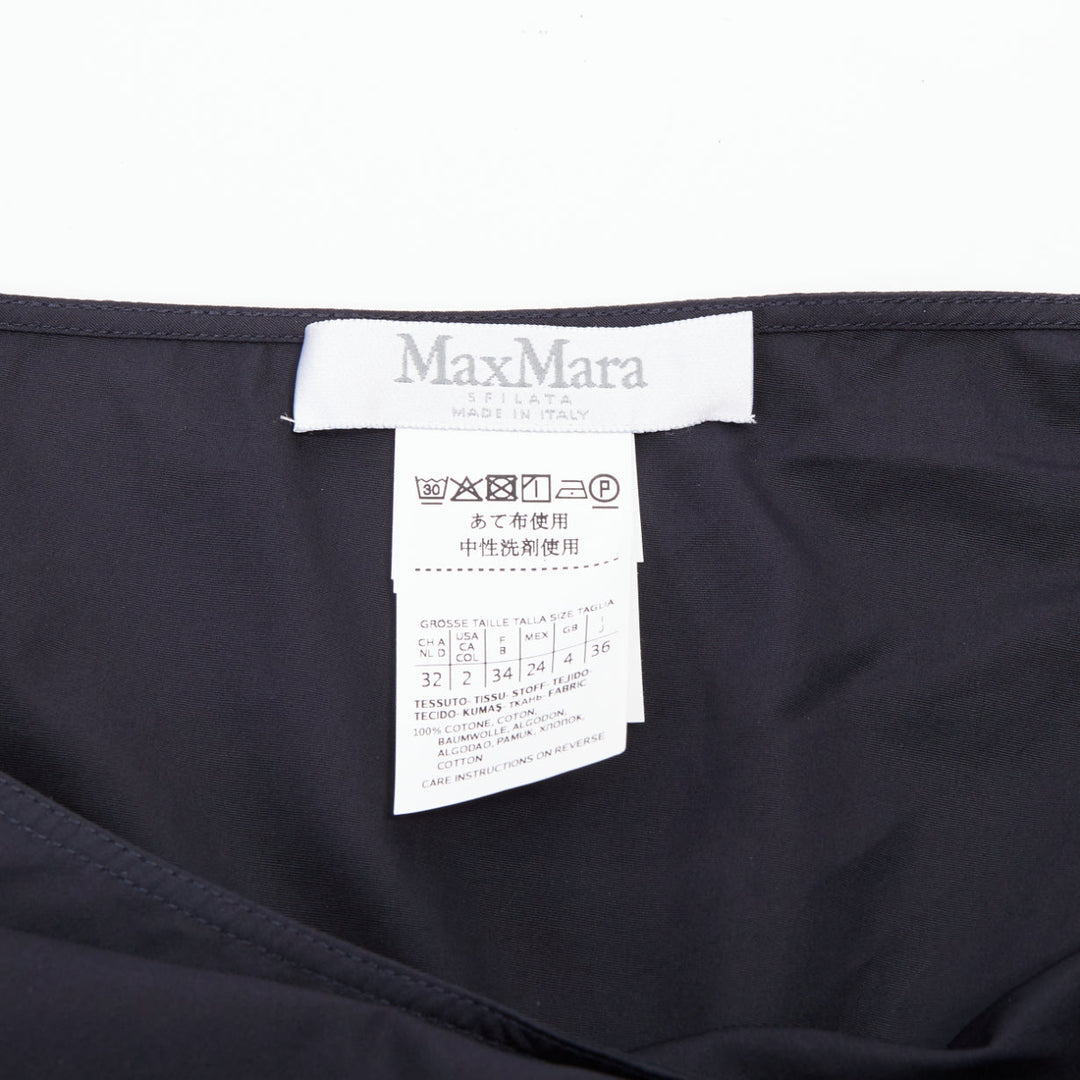 MAX MARA Sfilata black asymmetric draped cotton leather trim midi dress IT36 XXS