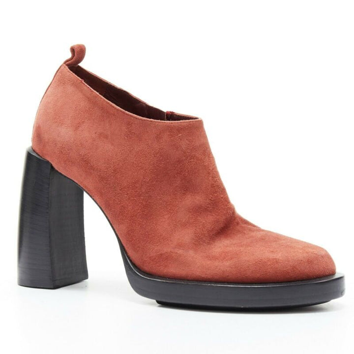 ANN DEMEULEMEESTER burnt red suede platform curved chunky heel bootie EU38