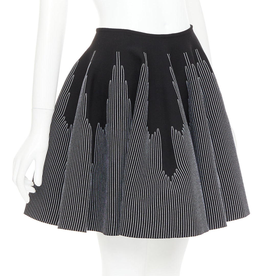 ALAIA black white wool blend topstitch flared high waist skater skirt FR38 M