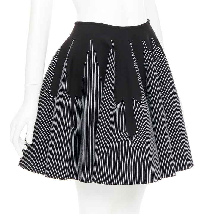 ALAIA black white wool blend topstitch flared high waist skater skirt FR38 M