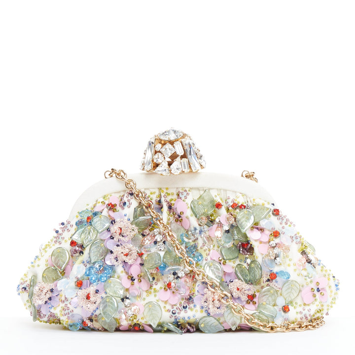 DOLCE GABBANA Pochette cream colorful crystal embellished lock frame clutch bag