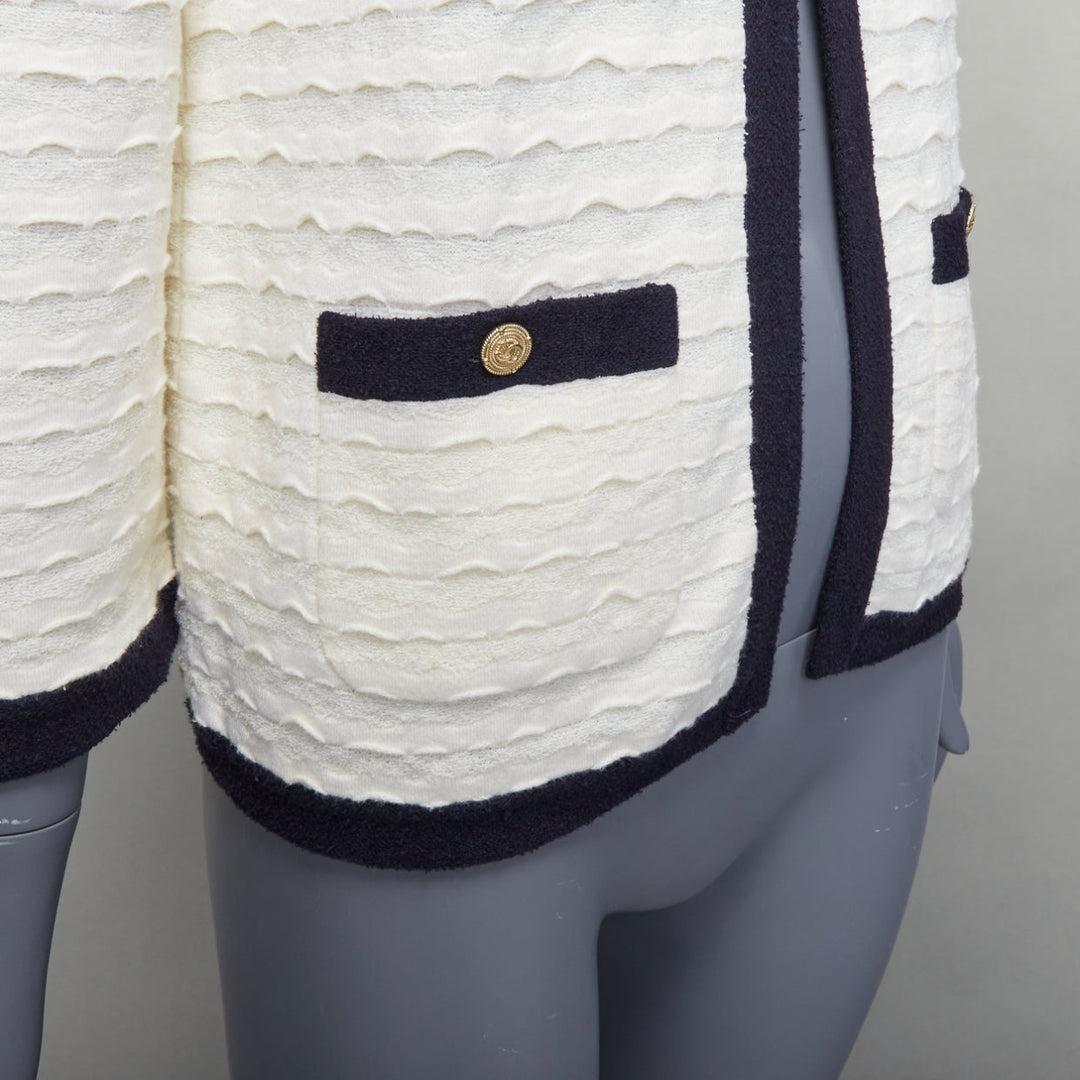 CHANEL 12C ivory black cotton cashmere gold CC 4 pocket cardigan jacket FR36 S