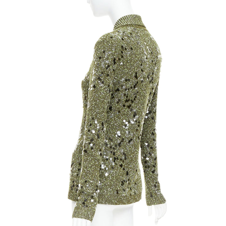GUCCI De Sarno dark green boucle knit multi pailettes cardigan S