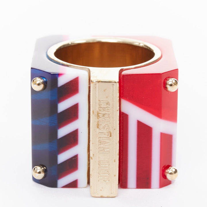 DIOR 2922 Sorbet Cube red blue geometric resin gold logo statement ring US6.5