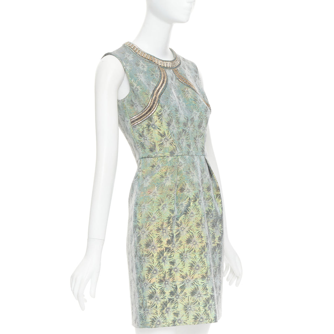 MATTHEW WILLIAMSON green iridescent gold bullet bead sheath dress UK8 S