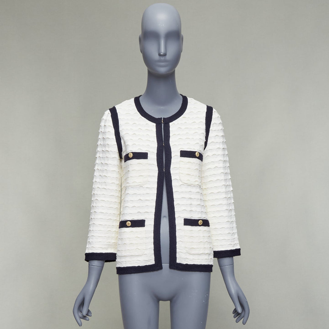 CHANEL 12C ivory black cotton cashmere gold CC 4 pocket cardigan jacket FR36 S