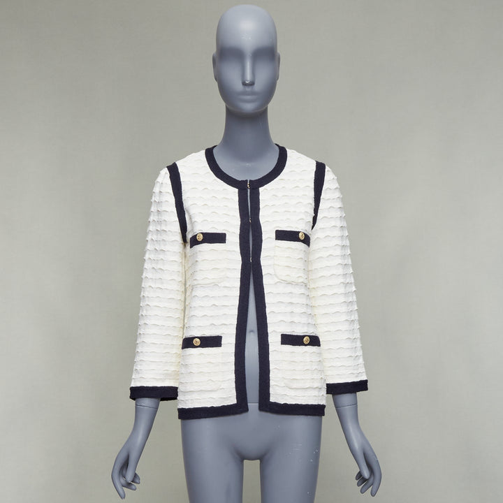 CHANEL 12C ivory black cotton cashmere gold CC 4 pocket cardigan jacket FR36 S