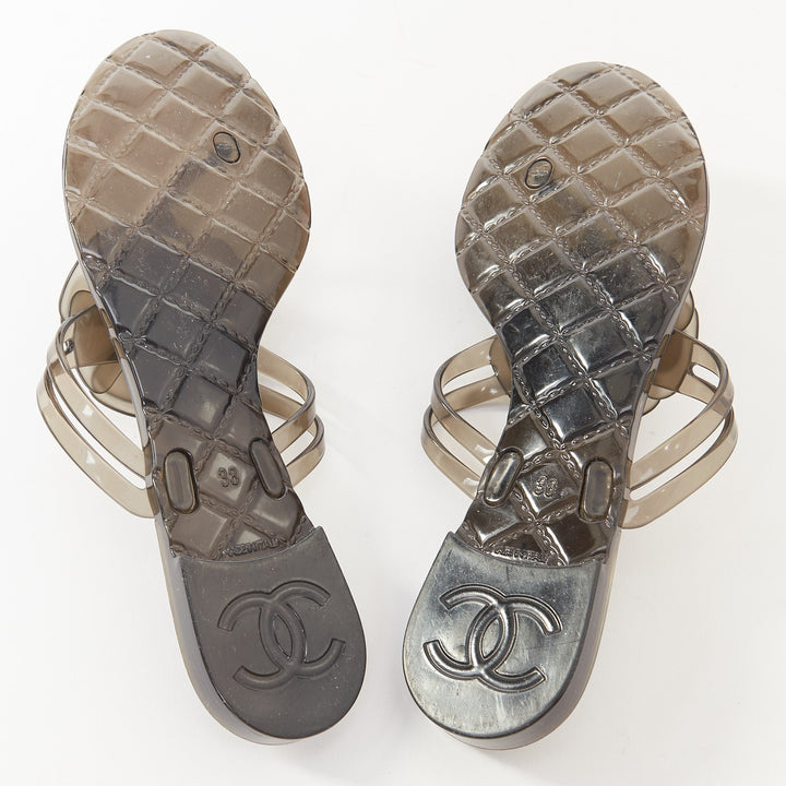 CHANEL gray clear Camellia flower open toe rubber thong flat jelly sandals EU38