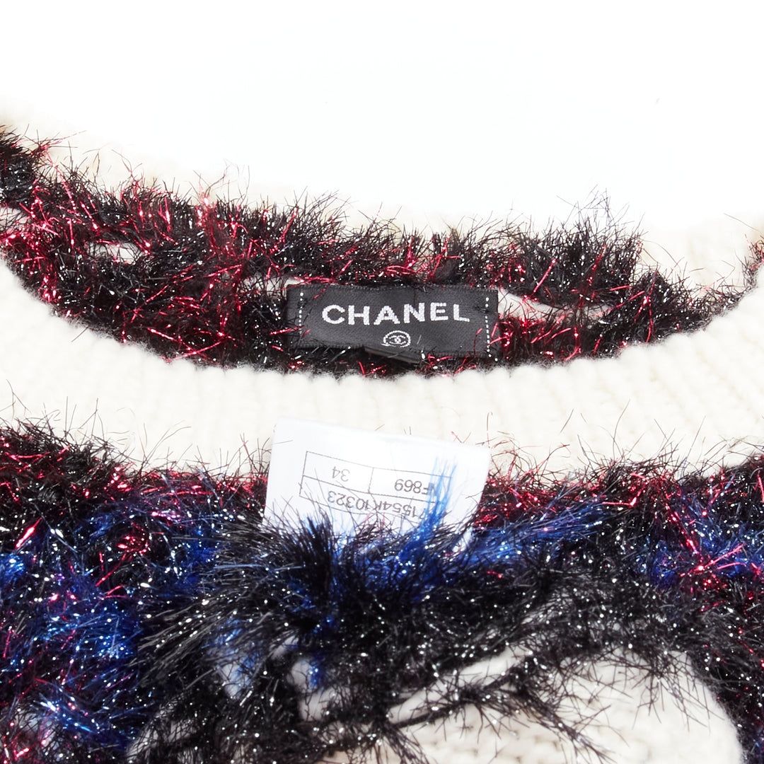 CHANEL pink blue fluffy lurex cream intarsia crystal CC cropped sweater FR34 XS