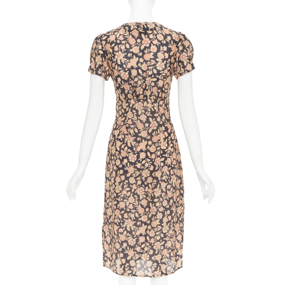 REALISATION Monica silk brown black floral shell buttons puff sleeve dress XS