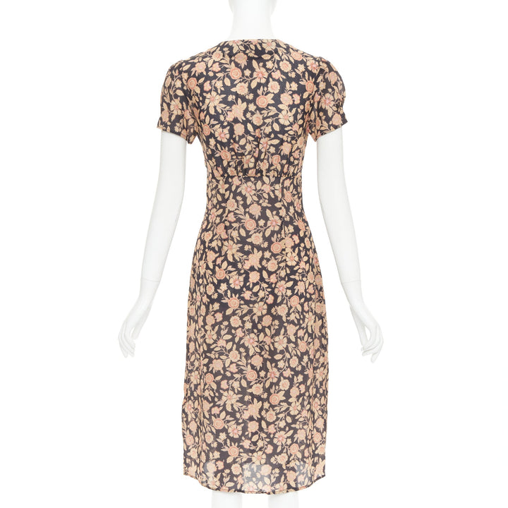 REALISATION Monica silk brown black floral shell buttons puff sleeve dress XS
