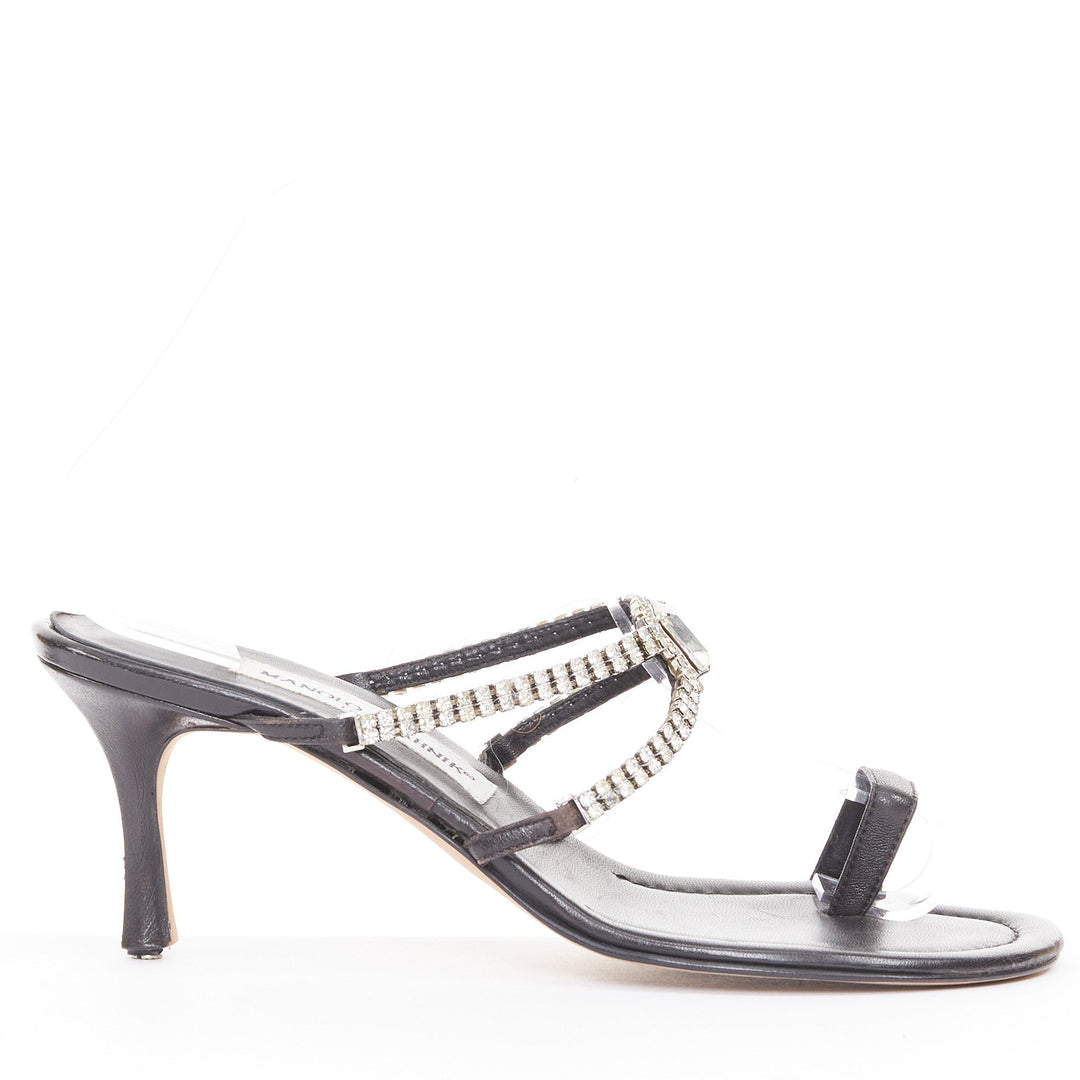 MANOLO BLAHNIK Vintage black leather crystal toe ring stiletto sandals EU37.5