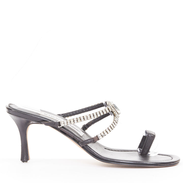 MANOLO BLAHNIK Vintage black leather crystal toe ring stiletto sandals EU37.5