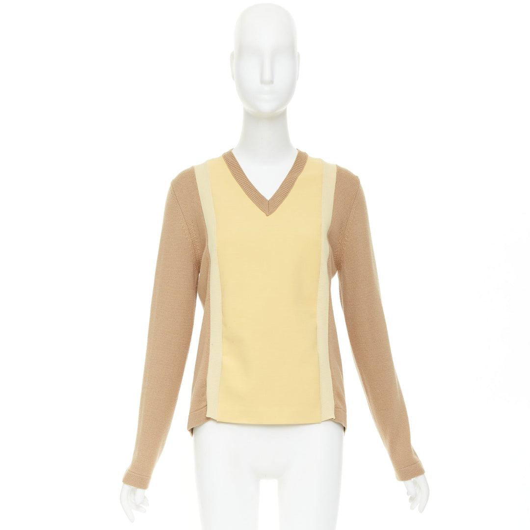 MARNI yellow beige tan virgin wool blend colorblock panel V neck sweater IT42 M