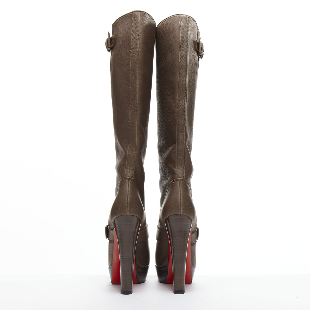 CHRISTIAN LOUBOUTIN Harletty 140 buckle brown platform knee biker boots EU37