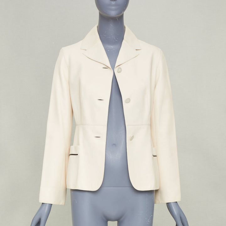 HERMES 2021 Equestrian ivory cream washed lambskin leather fitted jacket FR34 XS