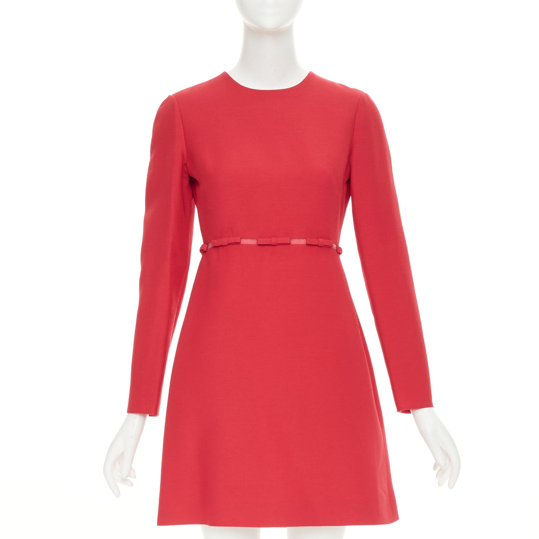 VALENTINO  red wool silk crepe ribbon mesh waist cocktail dress IT40 S