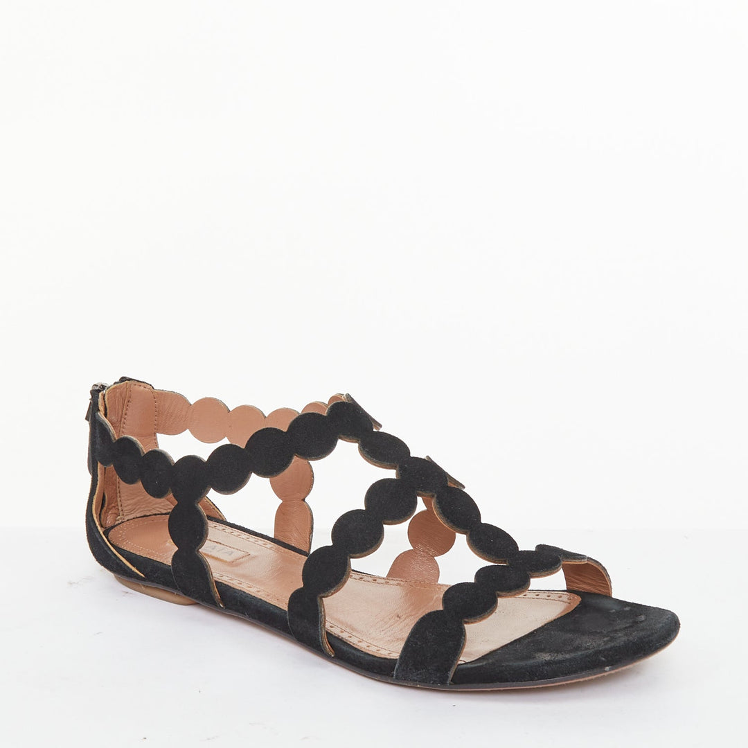 ALAIA 2016 black suede laser cut scalloped cage gladiator open toe sandals EU37
