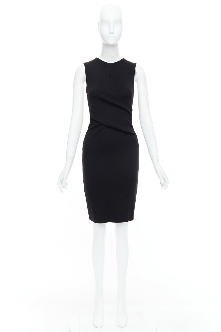 CHRISTIAN DIOR black wool wrap ruched waist sheath dress FR36 S