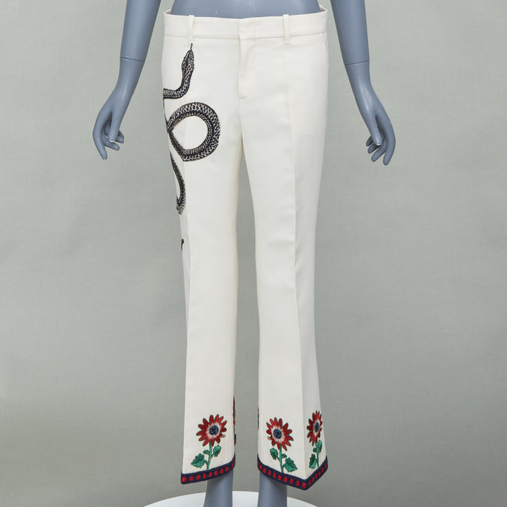 GUCCI 2015 Runway beige snake floral embroidered silk cotton trousers IT40 S