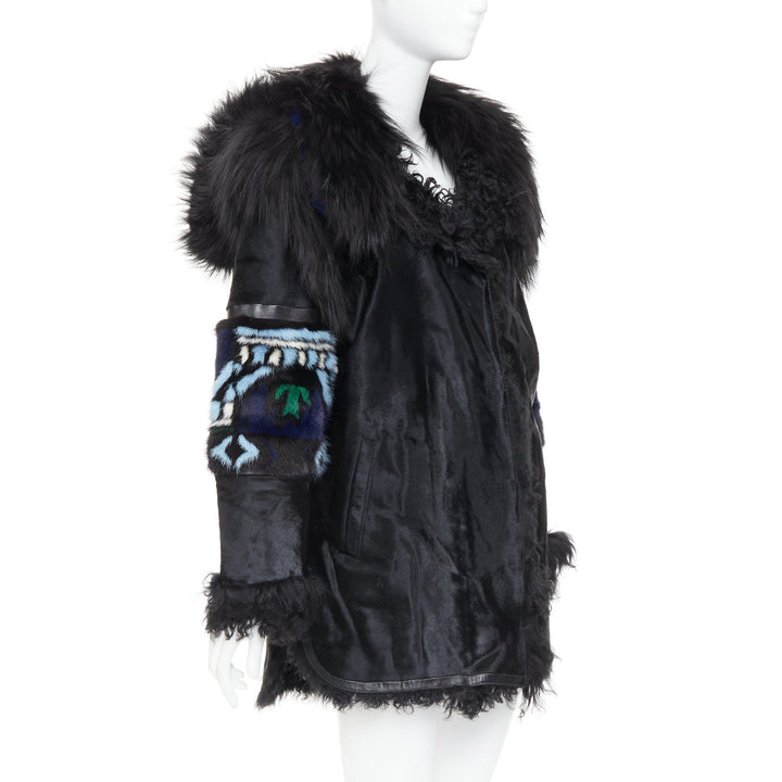EMILIO PUCCI Vintage ethnic black calf mixed shearling raccoon fur coat IT40 S