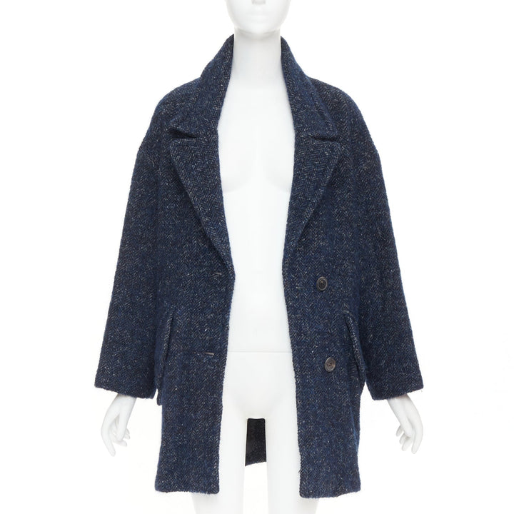 ISABEL MARANT ETOILE 2017 Osbert navy herringbone tweed collared coat FR36 S
